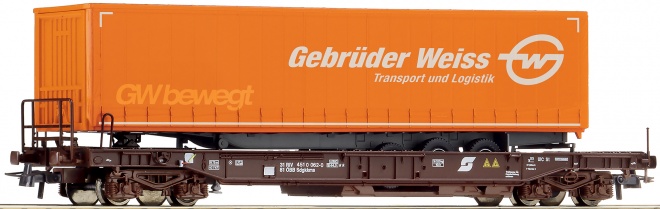 Flat car with trailer "Gebruder Weiss"<br /><a href='images/pictures/Roco/67519.jpg' target='_blank'>Full size image</a>